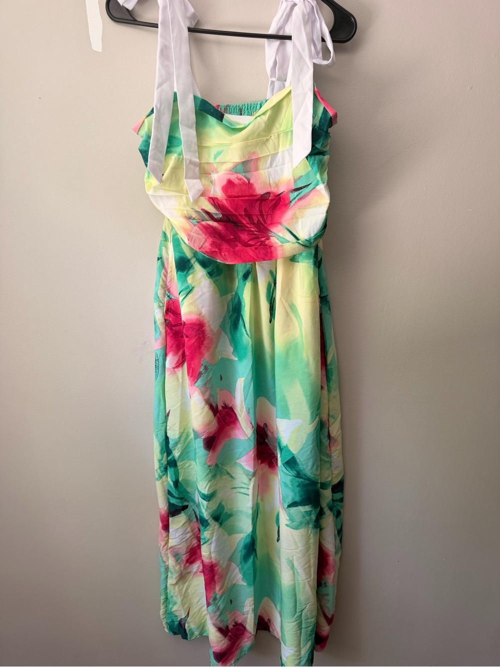 Floral Tie-Strap Maxi Dress - Green & Pink